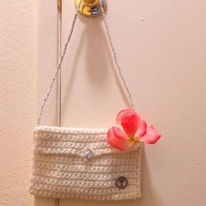 Elegant White Crochet Bag with Pink Accent Flower & Mini Wallet W/ Flower